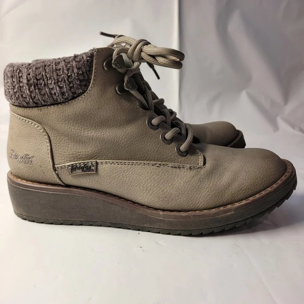 Blowfish Malibu Ankle Boots Womens 8 Taupe Knit Collar Wedge B138 Lace‎ Up